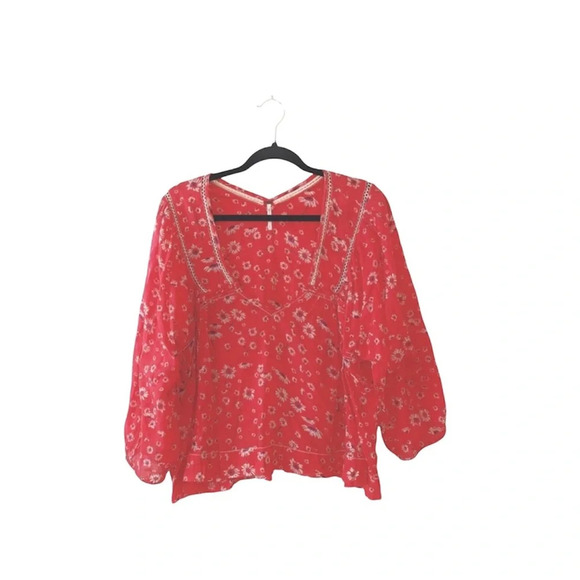 Free People 100% Cotton Red Ditsy Floral Print V-neck Popover Top Small Women’s - Picture 1 of 10